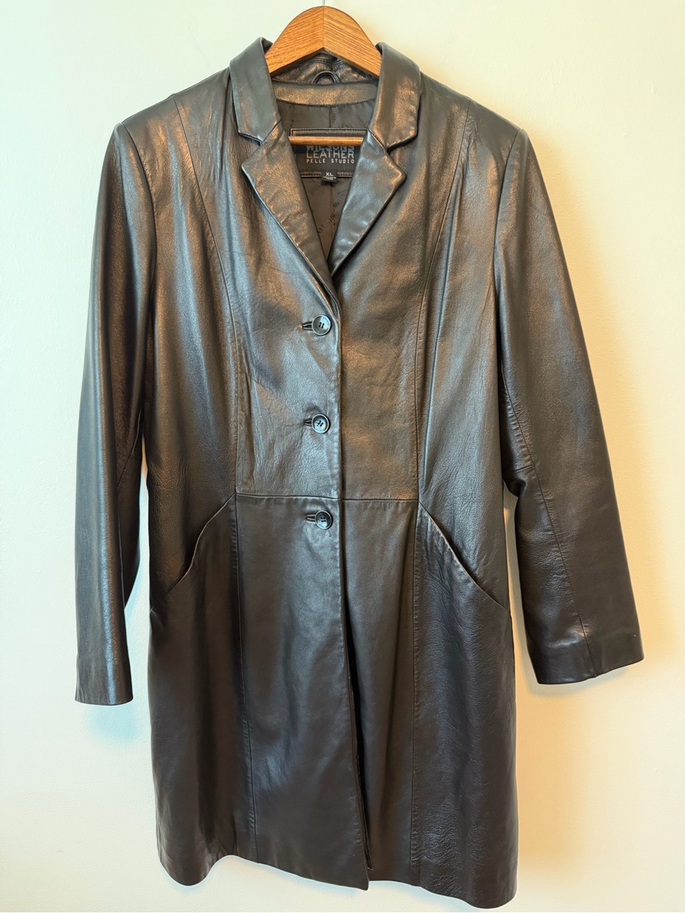 Vintage Wilsons Leather Women’s Black Trench Coat Medium Long Button Front